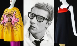 A 1964 portrait of Yves Saint Laurent flanked by his 1988 evening outfit inspired by the Cubist movement and a cocktail dress inspired by Pop Art. Photograph: © Fondation Pierre Bergé -Yves Saint Laurent. All rights reserved